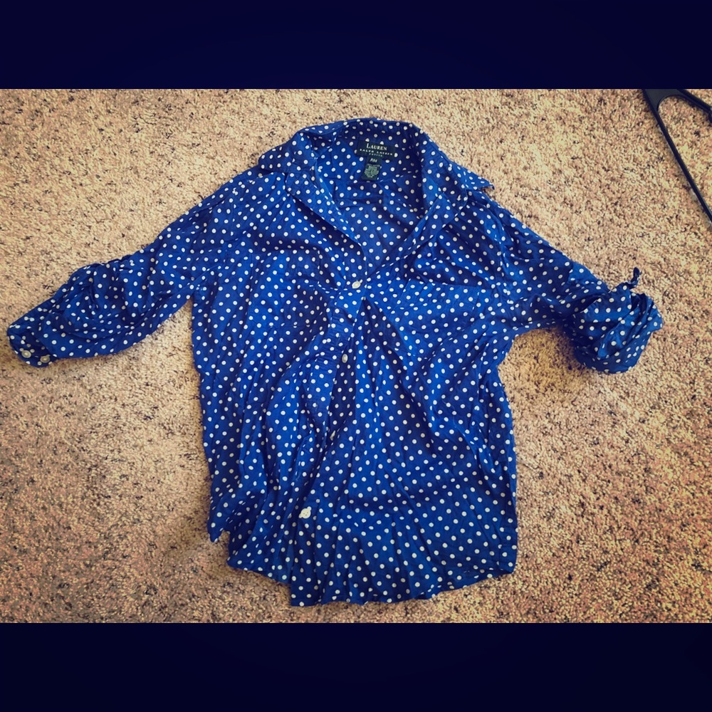 Blue and white polka dot button up